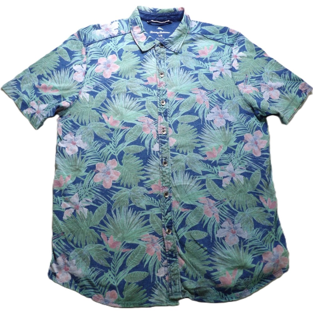 Tommy Bahama Men L Floral AOP Button Down Shirt Blue Green Cotton Short Sleeve